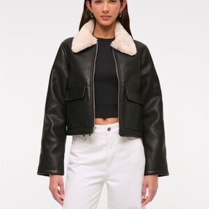 Abercrombie & Fitch Black Leather Jacket with Cream Collar